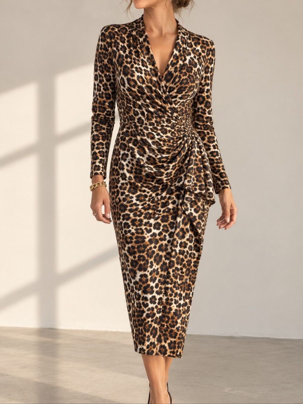 🇨🇦 Joseph Ribkoff Leopard Print Midi Dress Draped Wrap Surplice Ruched Canada